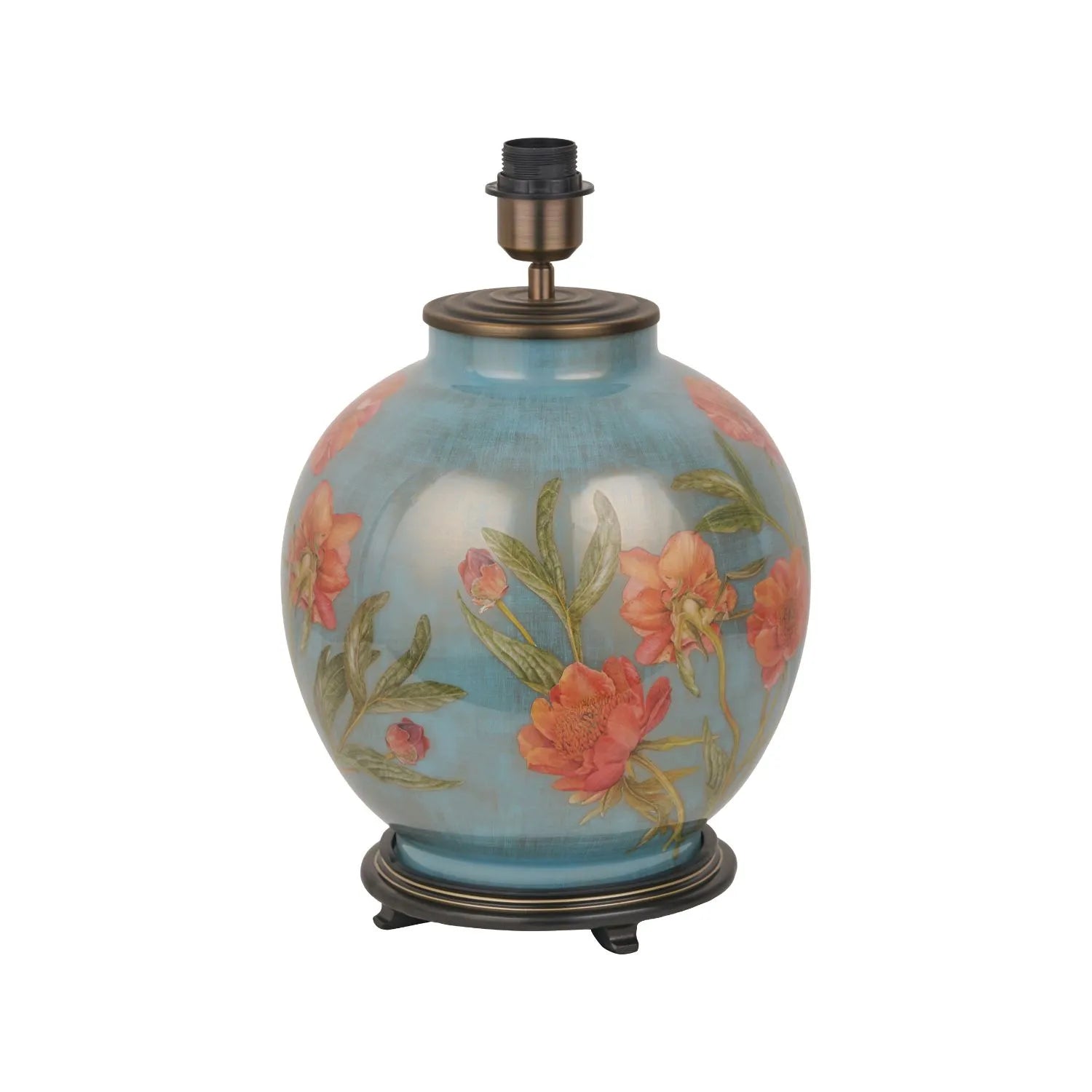 Jenny Worrall Coral Pink Peony & Foliage Light Blue & Gold Glass Table Lamp Base with Bulbous Shape & Raised Antique Brass Feet – Handcrafted Floral Luxury Lighting 42x28x28cm | Click Style