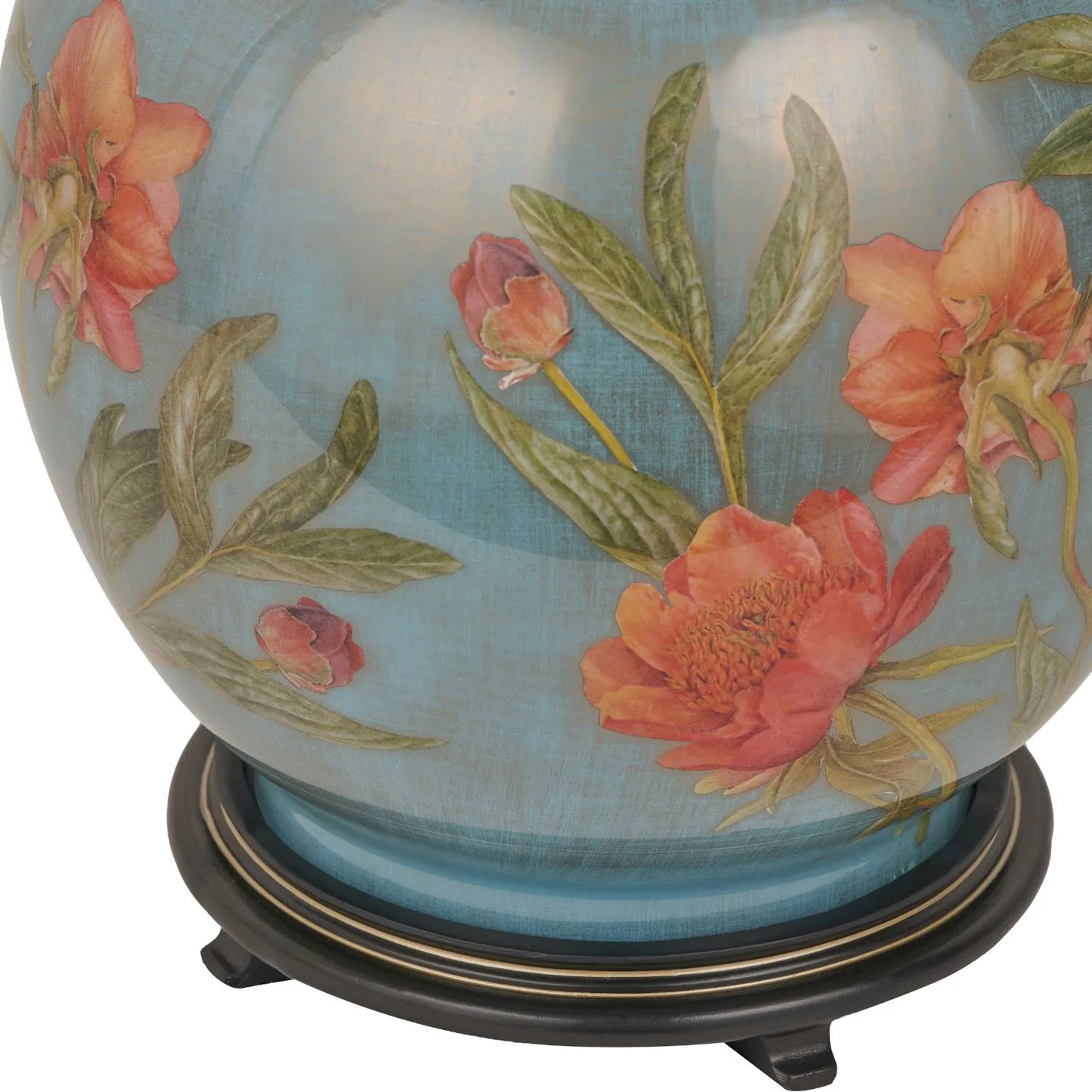 Jenny Worrall Coral Pink Peony & Foliage Light Blue & Gold Glass Table Lamp Base with Bulbous Shape & Raised Antique Brass Feet – Handcrafted Floral Luxury Lighting 42x28x28cm | Click Style