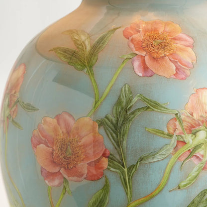 Jenny Worrall Coral Pink Peony & Foliage Light Blue & Gold Glass Table Lamp Base with Bulbous Shape & Raised Antique Brass Feet – Handcrafted Floral Luxury Lighting 42x28x28cm | Click Style