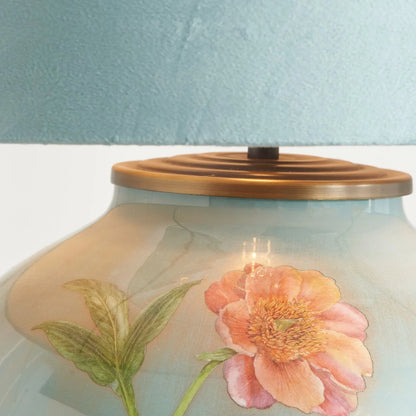 Jenny Worrall Coral Pink Peony & Foliage Light Blue & Gold Glass Table Lamp Base with Bulbous Shape & Raised Antique Brass Feet – Handcrafted Floral Luxury Lighting 42x28x28cm | Click Style