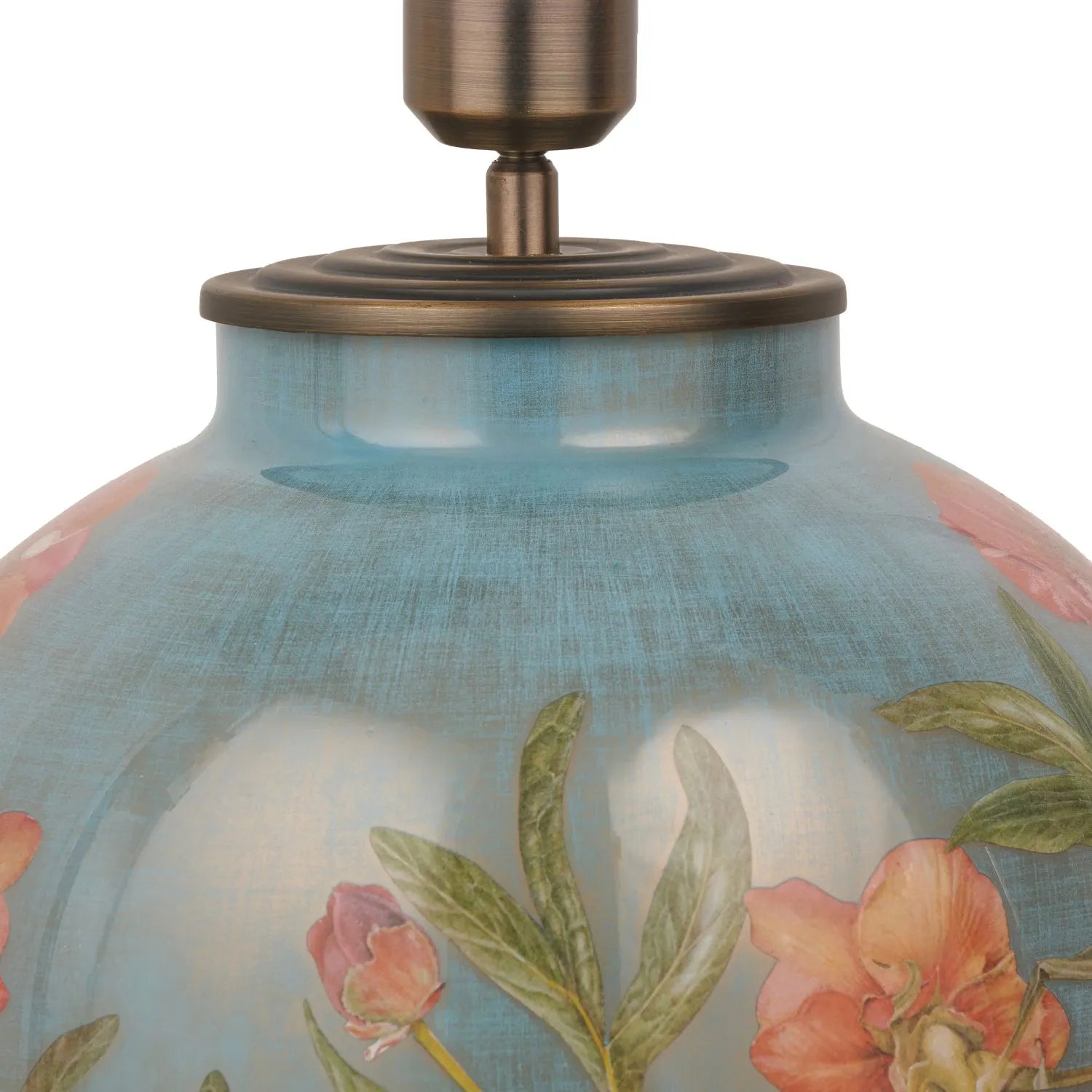 Jenny Worrall Coral Pink Peony & Foliage Light Blue & Gold Glass Table Lamp Base with Bulbous Shape & Raised Antique Brass Feet – Handcrafted Floral Luxury Lighting 42x28x28cm | Click Style