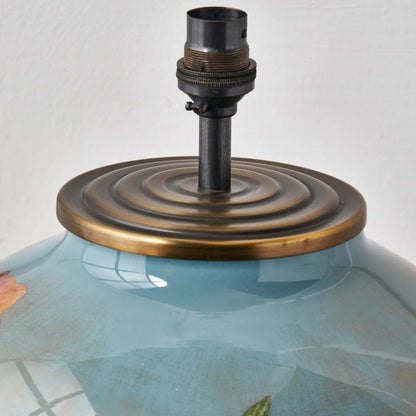 Jenny Worrall Coral Pink Peony & Foliage Light Blue & Gold Glass Table Lamp Base with Bulbous Shape & Raised Antique Brass Feet – Handcrafted Floral Luxury Lighting 42x28x28cm | Click Style