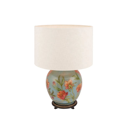 Jenny Worrall Coral Pink Peony & Foliage Light Blue & Gold Glass Table Lamp Base with Bulbous Shape & Raised Antique Brass Feet – Handcrafted Floral Luxury Lighting 42x28x28cm | Click Style