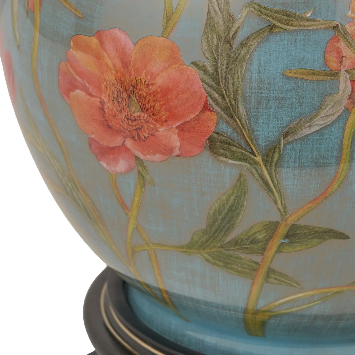 Jenny Worrall Coral Pink Peony & Foliage Light Blue & Gold Glass Table Lamp Base with Bulbous Shape & Raised Antique Brass Feet – Handcrafted Floral Luxury Lighting 42x28x28cm | Click Style