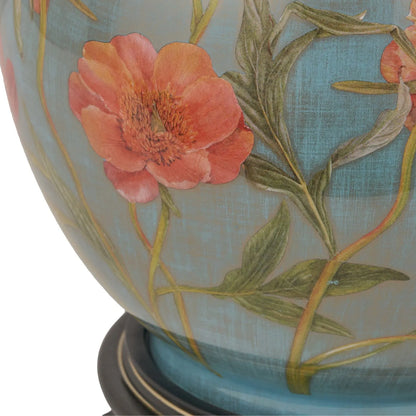 Jenny Worrall Coral Pink Peony & Foliage Light Blue & Gold Glass Table Lamp Base with Bulbous Shape & Raised Antique Brass Feet – Handcrafted Floral Luxury Lighting 42x28x28cm | Click Style
