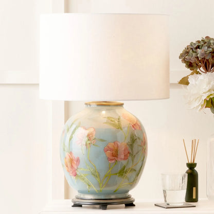 Jenny Worrall Coral Pink Peony & Foliage Light Blue & Gold Glass Table Lamp Base with Bulbous Shape & Raised Antique Brass Feet – Handcrafted Floral Luxury Lighting 42x28x28cm | Click Style