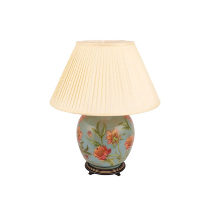 Jenny Worrall Coral Pink Peony & Foliage Light Blue & Gold Glass Table Lamp Base with Bulbous Shape & Raised Antique Brass Feet – Handcrafted Floral Luxury Lighting 42x28x28cm | Click Style
