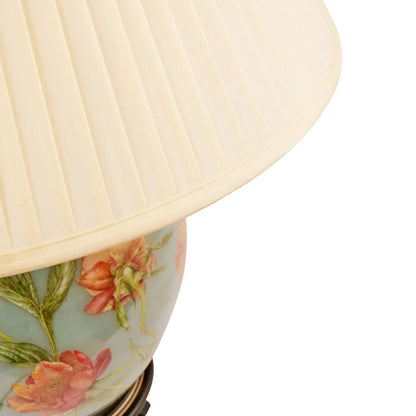 Jenny Worrall Coral Pink Peony & Foliage Light Blue & Gold Glass Table Lamp Base with Bulbous Shape & Raised Antique Brass Feet – Handcrafted Floral Luxury Lighting 42x28x28cm | Click Style