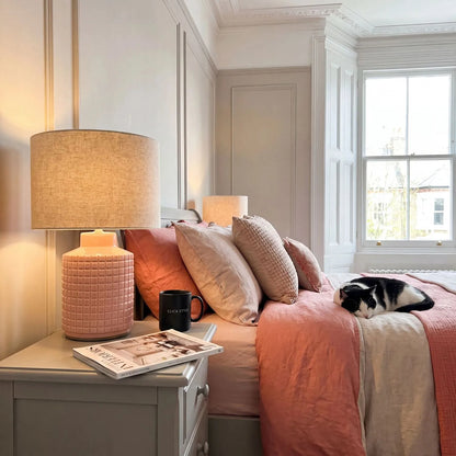 Modern Coral Pink Textured Squares Ceramic Table Lamp Base with Raised Grid Pattern and Decorative Glossy Finish | Click Style