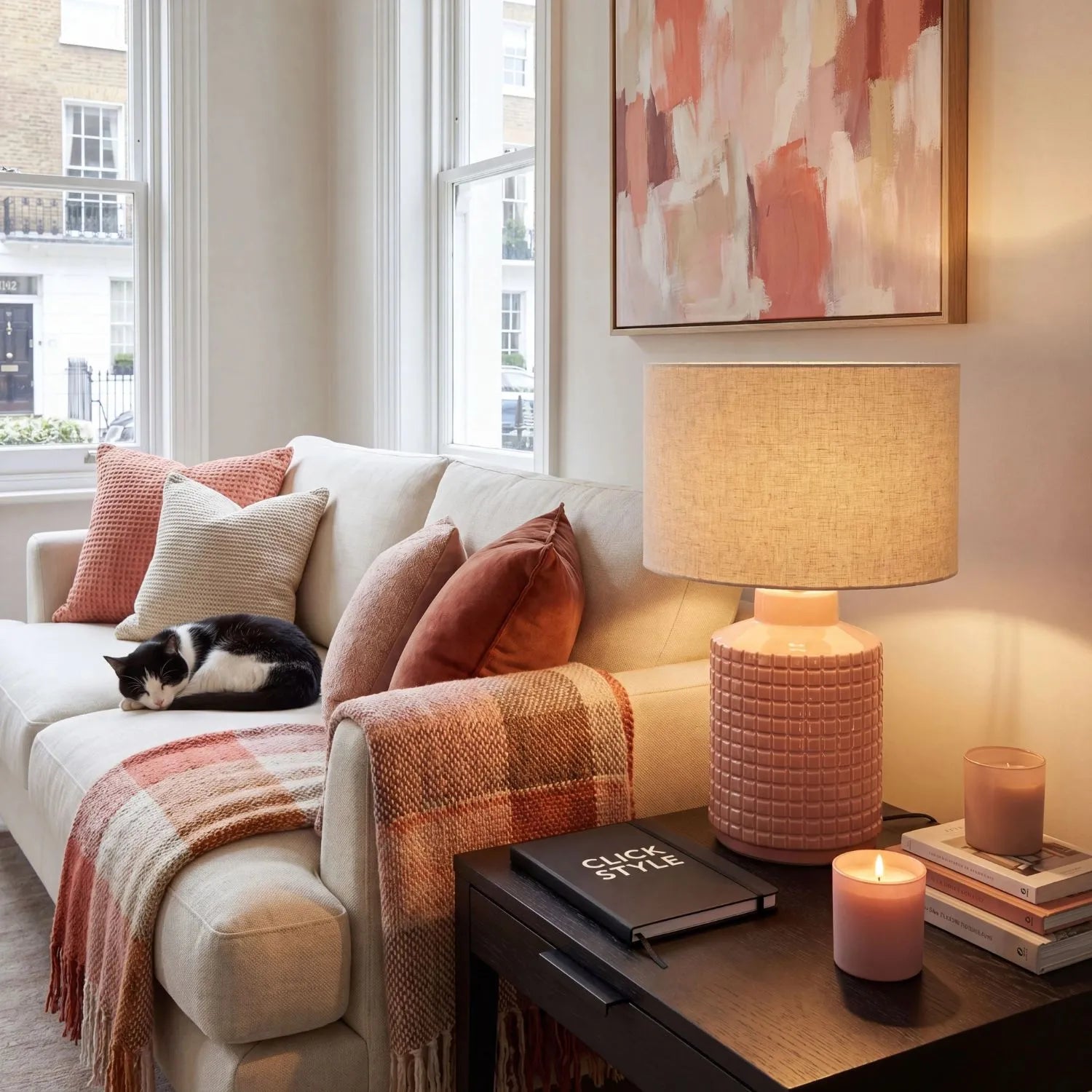 Modern Coral Pink Textured Squares Ceramic Table Lamp Base with Raised Grid Pattern and Decorative Glossy Finish | Click Style