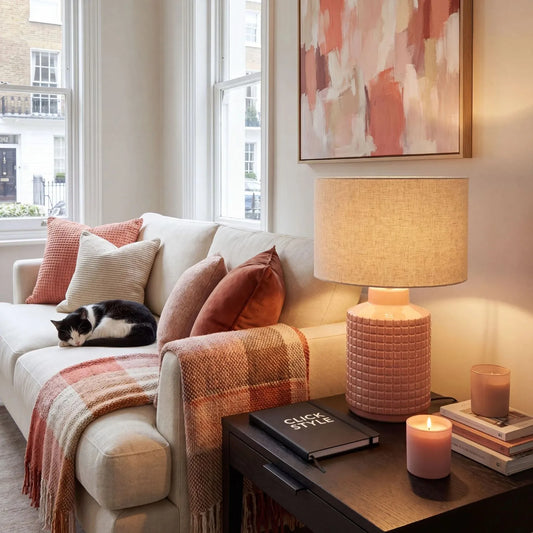 Modern Coral Pink Textured Squares Ceramic Table Lamp Base with Raised Grid Pattern and Decorative Glossy Finish | Click Style