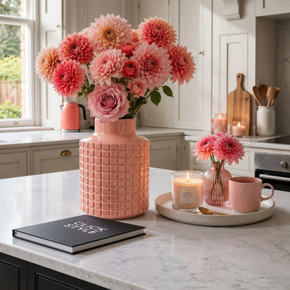 Coral Pink Textured Terracotta Vase with Raised Grid Pattern, Bottle-Shaped Design and Gloss Glazed Finish | Click Style