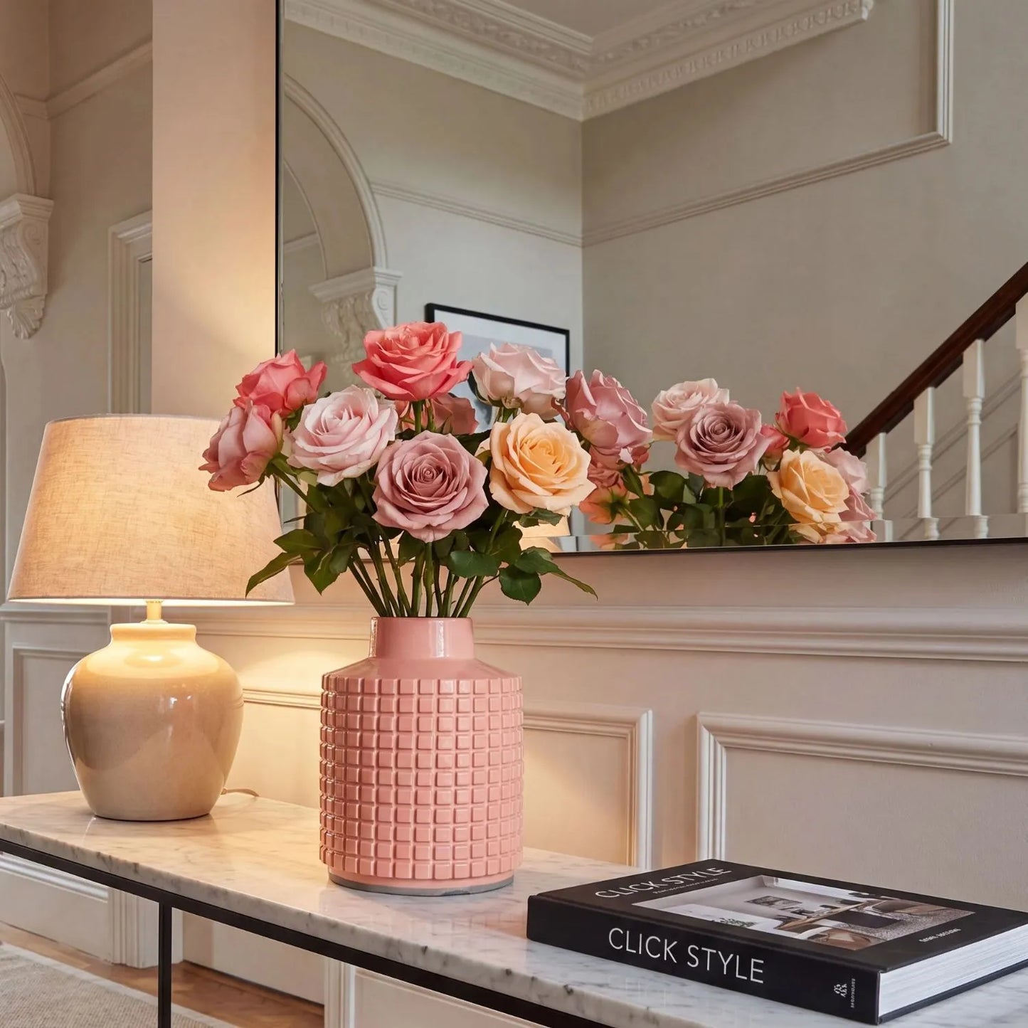 Coral Pink Textured Terracotta Vase with Raised Grid Pattern, Bottle-Shaped Design and Gloss Glazed Finish | Click Style