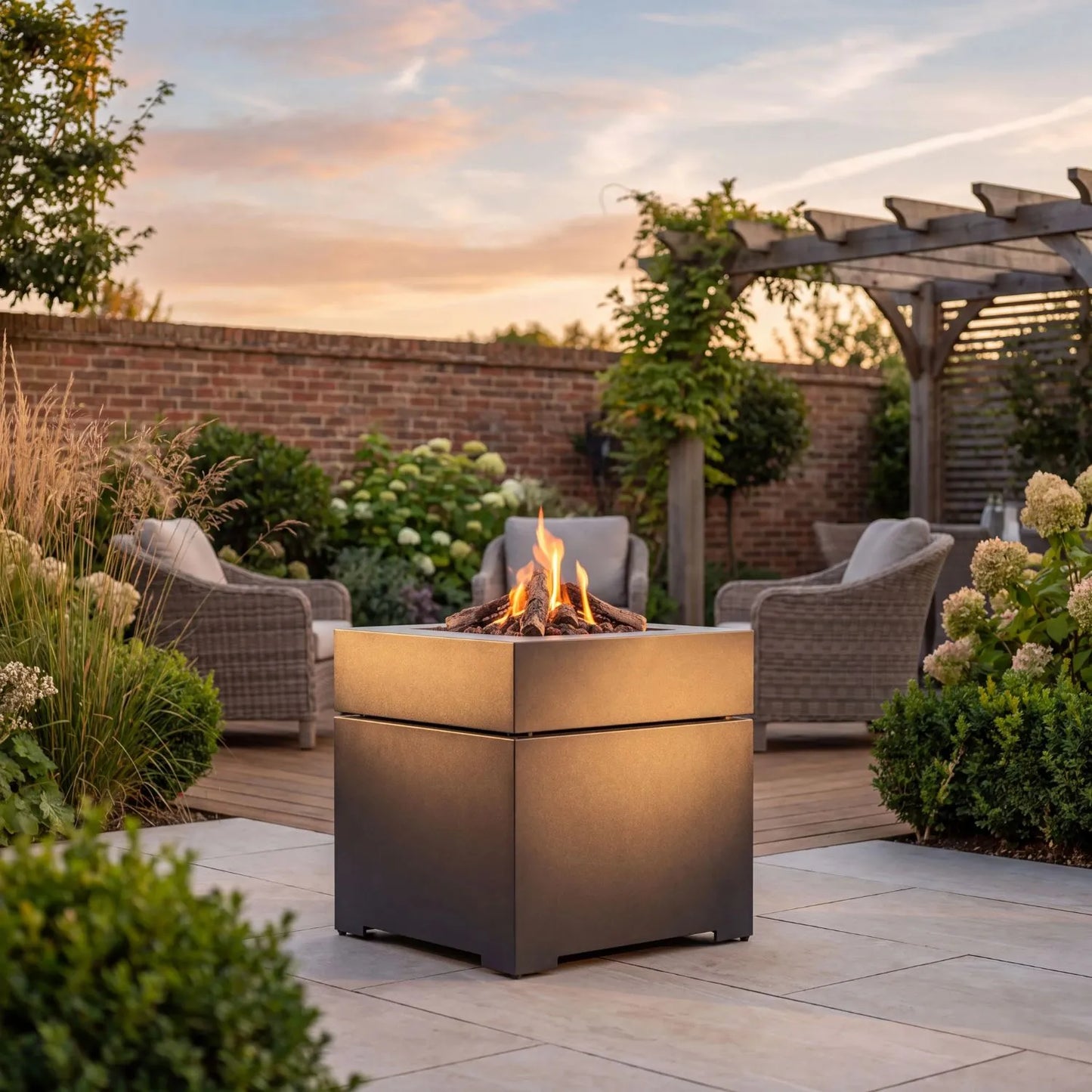 Cosibrixx 60 Anthracite Aluminium Outdoor Gas Fire Pit with Real Flame in a Luxury Contemporary Garden Lounge – Compact Freestanding Fire Pit for Gardens Patios & Balconies 63x60x60cm | Click Style