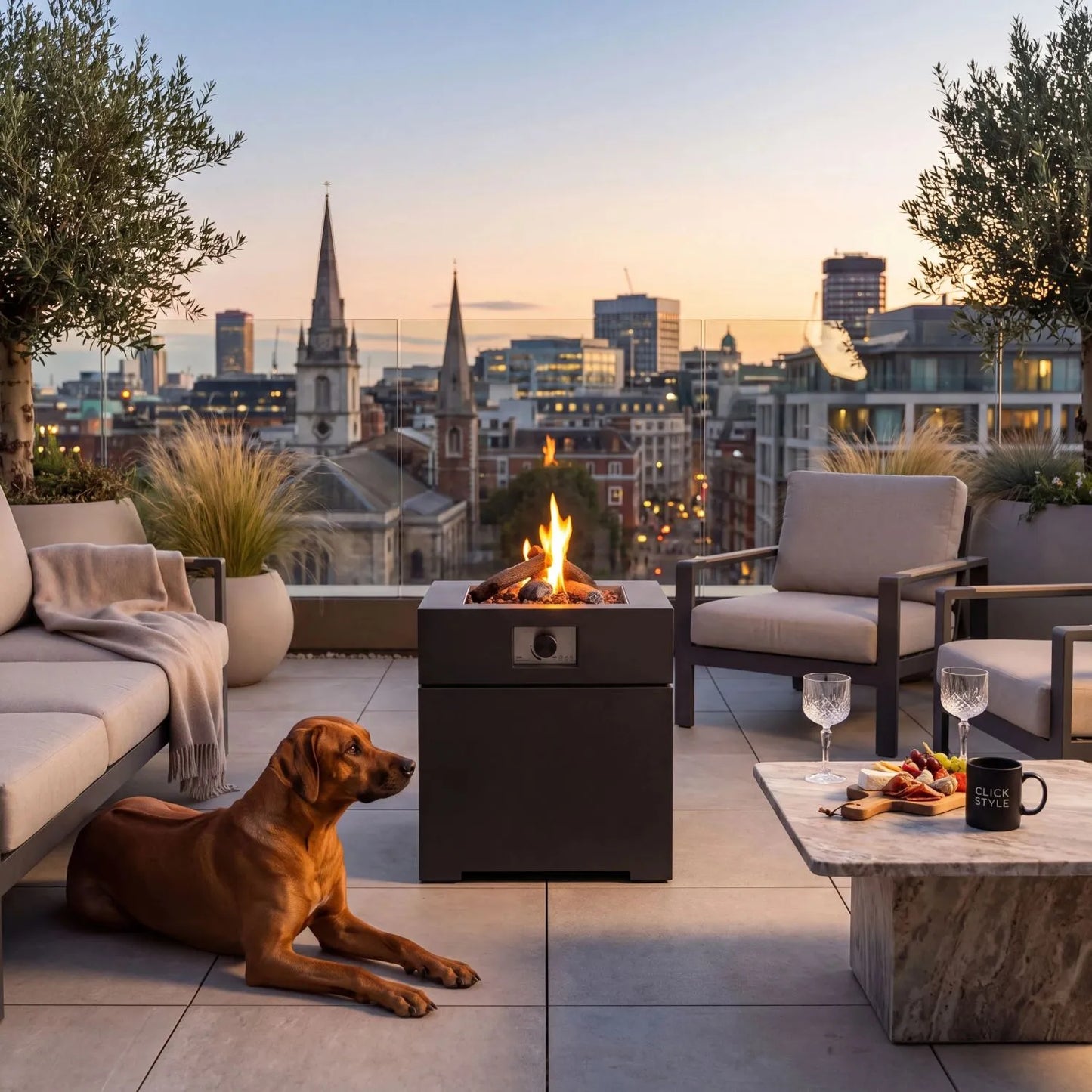 Cosibrixx 60 Anthracite Aluminium Outdoor Gas Fire Pit with Real Flame in a Luxury Contemporary Garden Lounge – Compact Freestanding Fire Pit for Gardens Patios & Balconies 63x60x60cm | Click Style