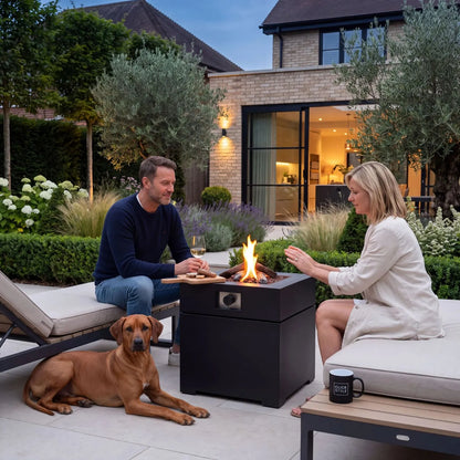 Cosibrixx 60 Anthracite Aluminium Outdoor Gas Fire Pit with Real Flame in a Luxury Contemporary Garden Lounge – Compact Freestanding Fire Pit for Gardens Patios & Balconies 63x60x60cm | Click Style