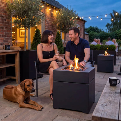 Cosibrixx 60 Anthracite Aluminium Outdoor Gas Fire Pit with Real Flame in a Luxury Contemporary Garden Lounge – Compact Freestanding Fire Pit for Gardens Patios & Balconies 63x60x60cm | Click Style