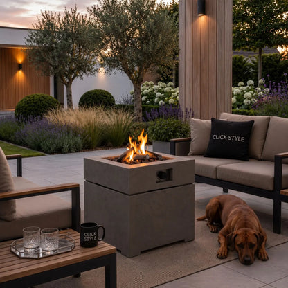 Cosibrixx 60 Concrete Effect Grey Aluminium Outdoor Gas Fire Pit Table on Modern Garden Patio with Contemporary Outdoor Lounge Seating 63x60x60cm | Click Style