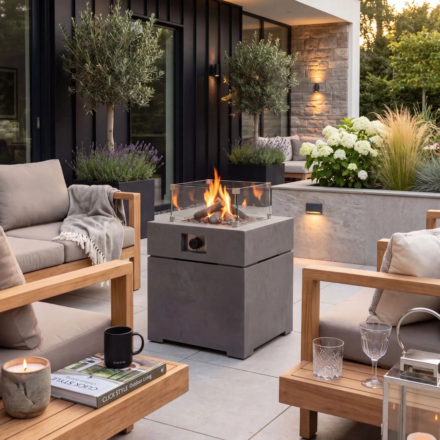 Cosibrixx 60 Concrete Effect Grey Aluminium Outdoor Gas Fire Pit Table on Modern Garden Patio with Contemporary Outdoor Lounge Seating 63x60x60cm | Click Style