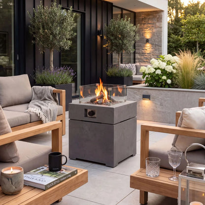 Cosibrixx 60 Concrete Effect Grey Aluminium Outdoor Gas Fire Pit Table on Modern Garden Patio with Contemporary Outdoor Lounge Seating 63x60x60cm | Click Style