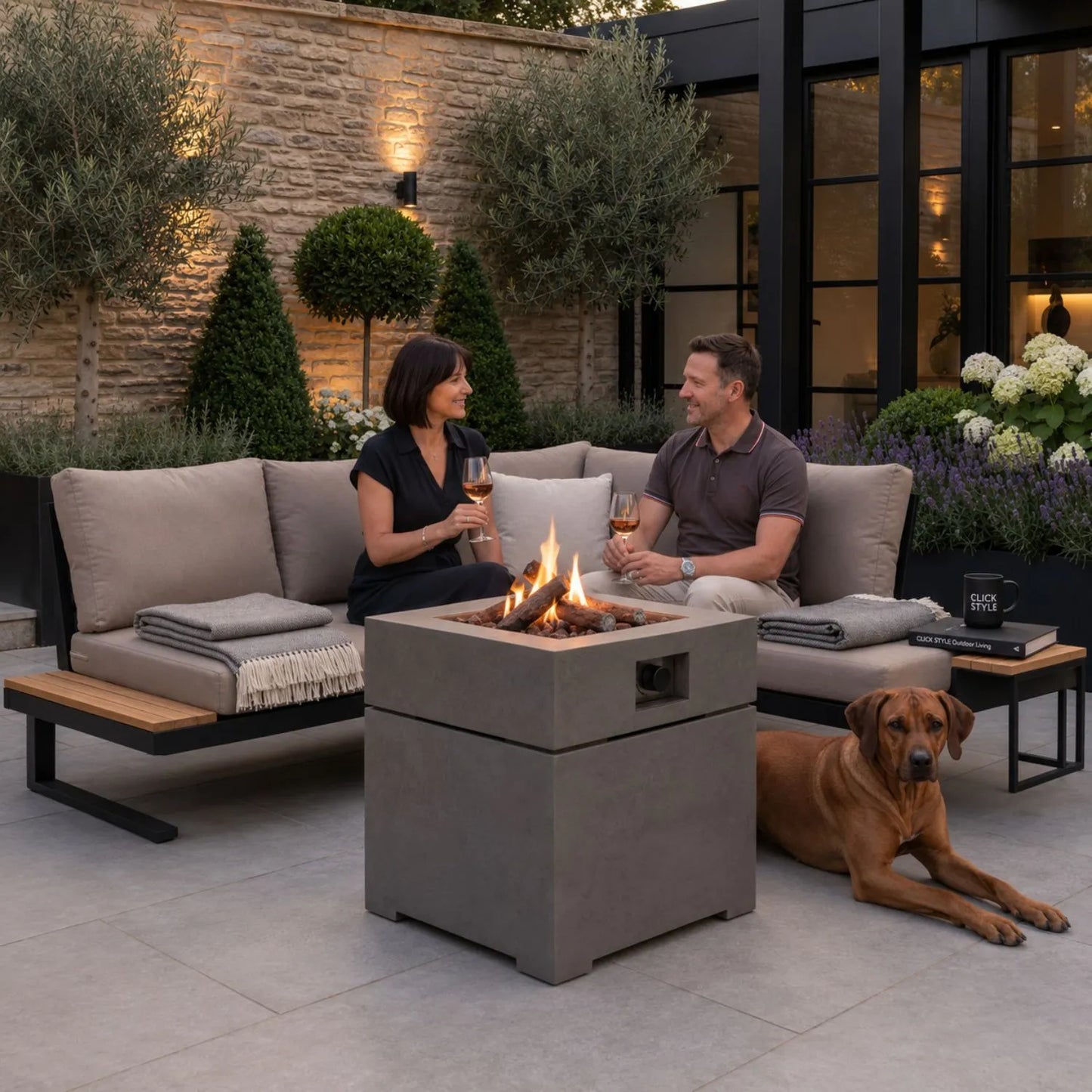 Cosibrixx 60 Concrete Effect Grey Aluminium Outdoor Gas Fire Pit Table on Modern Garden Patio with Contemporary Outdoor Lounge Seating 63x60x60cm | Click Style