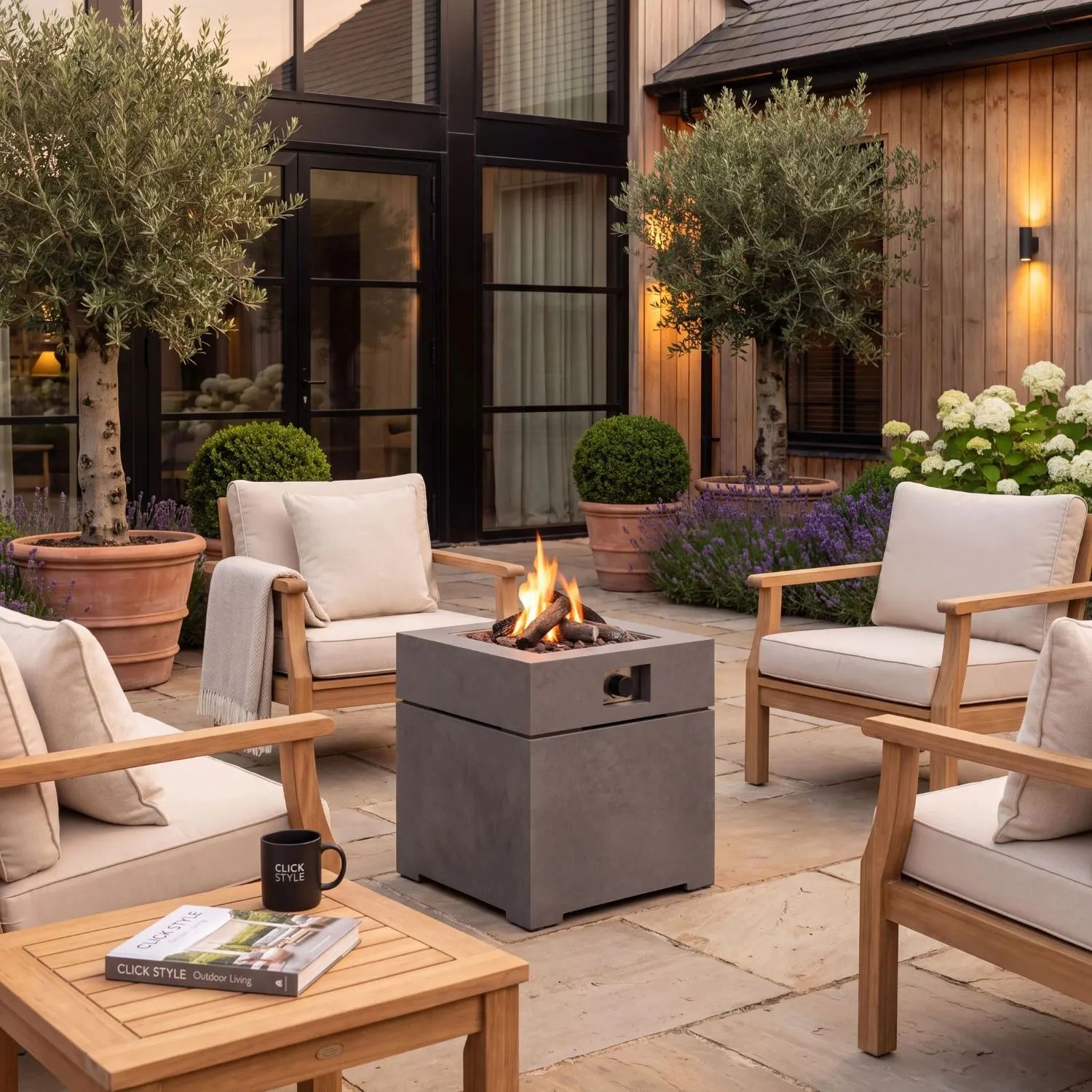 Cosibrixx 60 Concrete Effect Grey Aluminium Outdoor Gas Fire Pit Table on Modern Garden Patio with Contemporary Outdoor Lounge Seating 63x60x60cm | Click Style