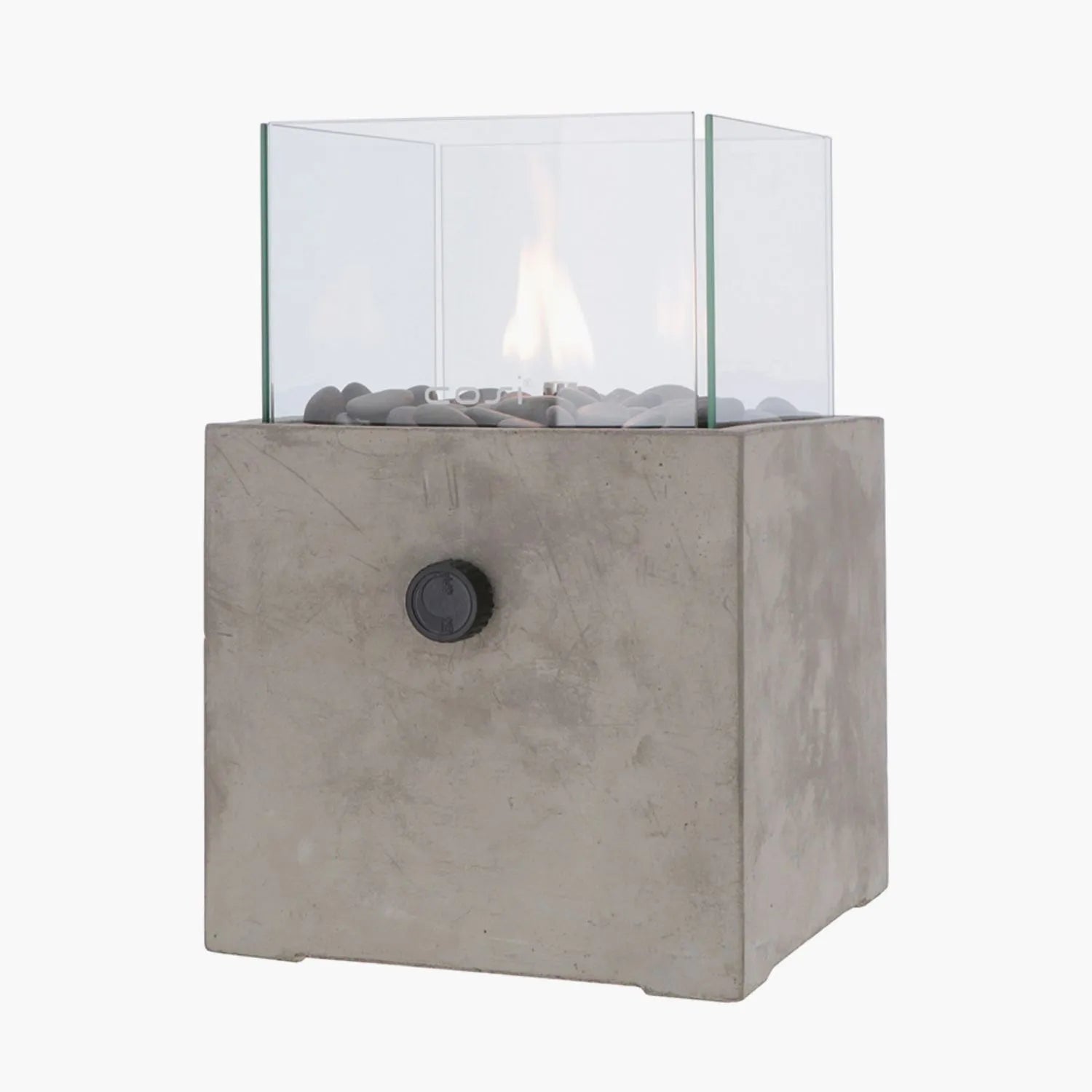 Cosicement Cement & Glass Gas Fire Lantern – Square Base Outdoor Tabletop Firepit 30x20x20cm - Click Style