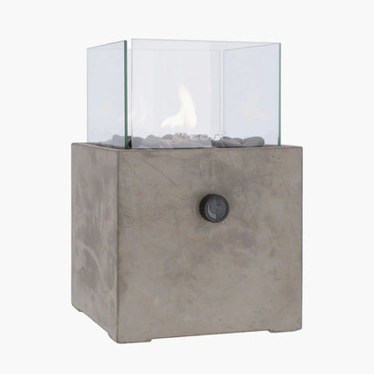 Cosicement Cement & Glass Gas Fire Lantern – Square Base Outdoor Tabletop Firepit 30x20x20cm - Click Style