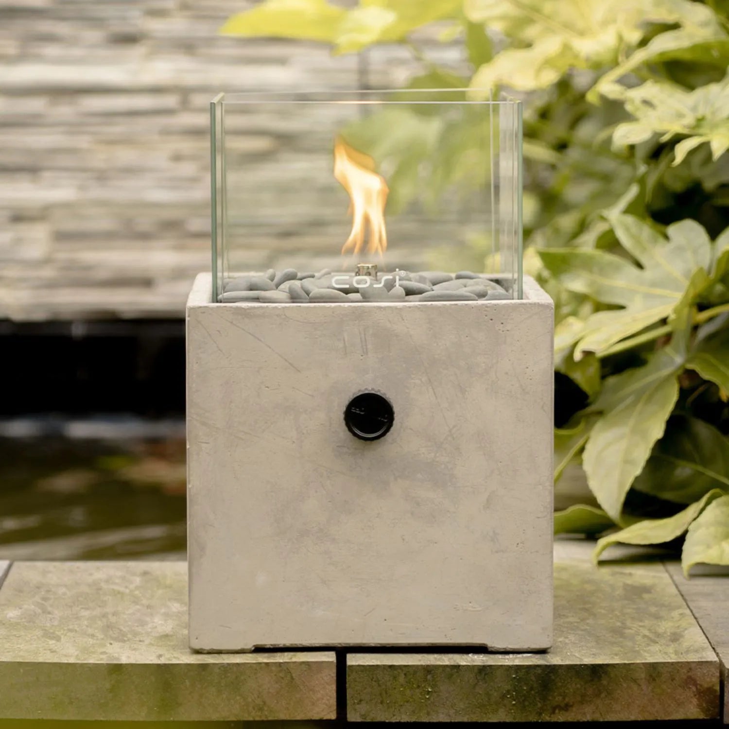 Cosicement Cement & Glass Gas Fire Lantern – Square Base Outdoor Tabletop Firepit 30x20x20cm - Click Style