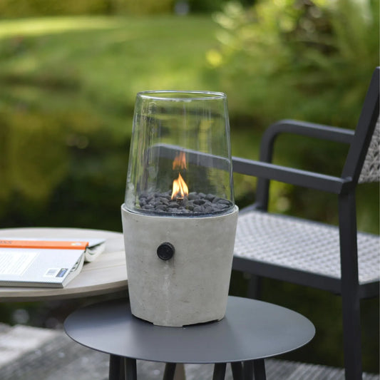 Cosicement Cement & Glass Gas Fire Lantern – Tapered Cylindrical Outdoor Tabletop Firepit 38x21x22.5cm - Click Style