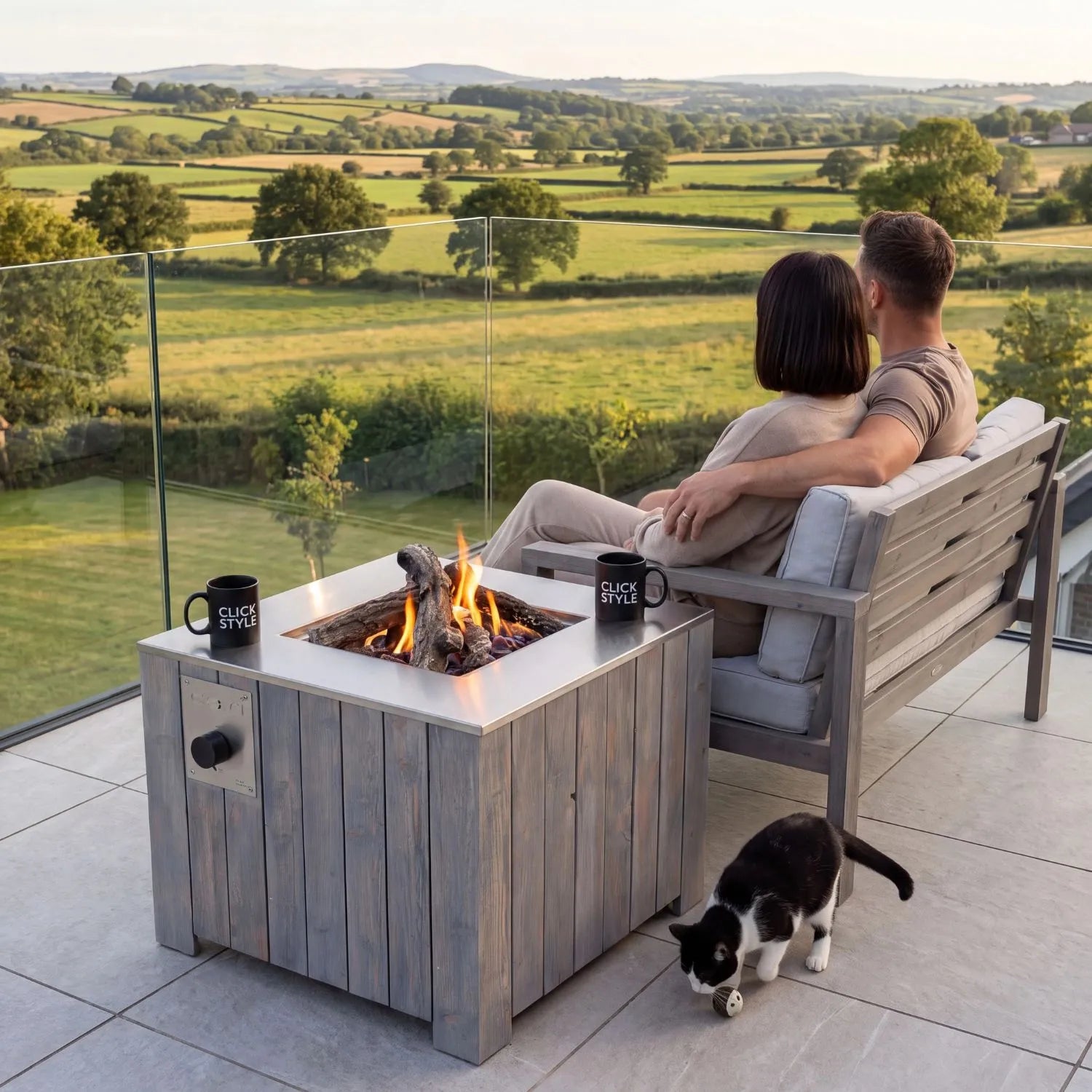 Cosicube 70 square grey wooden outdoor gas fire pit table with brushed stainless steel tabletop freestanding garden fire pit for patios gardens and balconies 60 x 69 x 69cm | Click Style