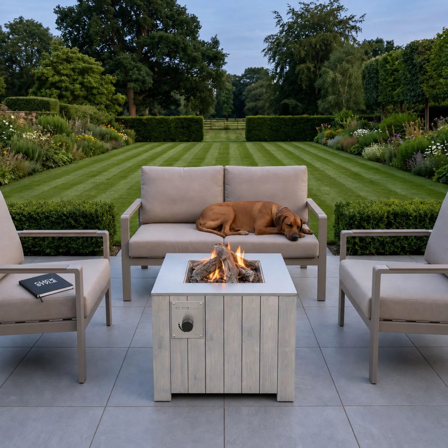 Cosicube 70 square grey wooden outdoor gas fire pit table with brushed stainless steel tabletop freestanding garden fire pit for patios gardens and balconies 60 x 69 x 69cm | Click Style