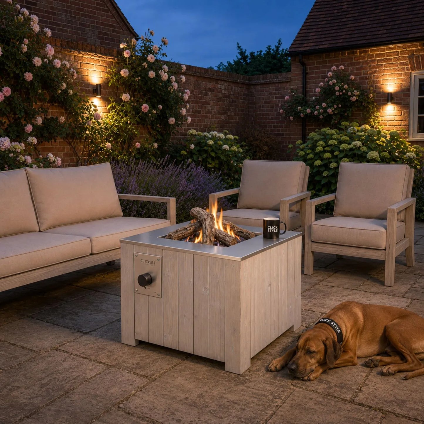 Cosicube 70 square grey wooden outdoor gas fire pit table with brushed stainless steel tabletop freestanding garden fire pit for patios gardens and balconies 60 x 69 x 69cm | Click Style
