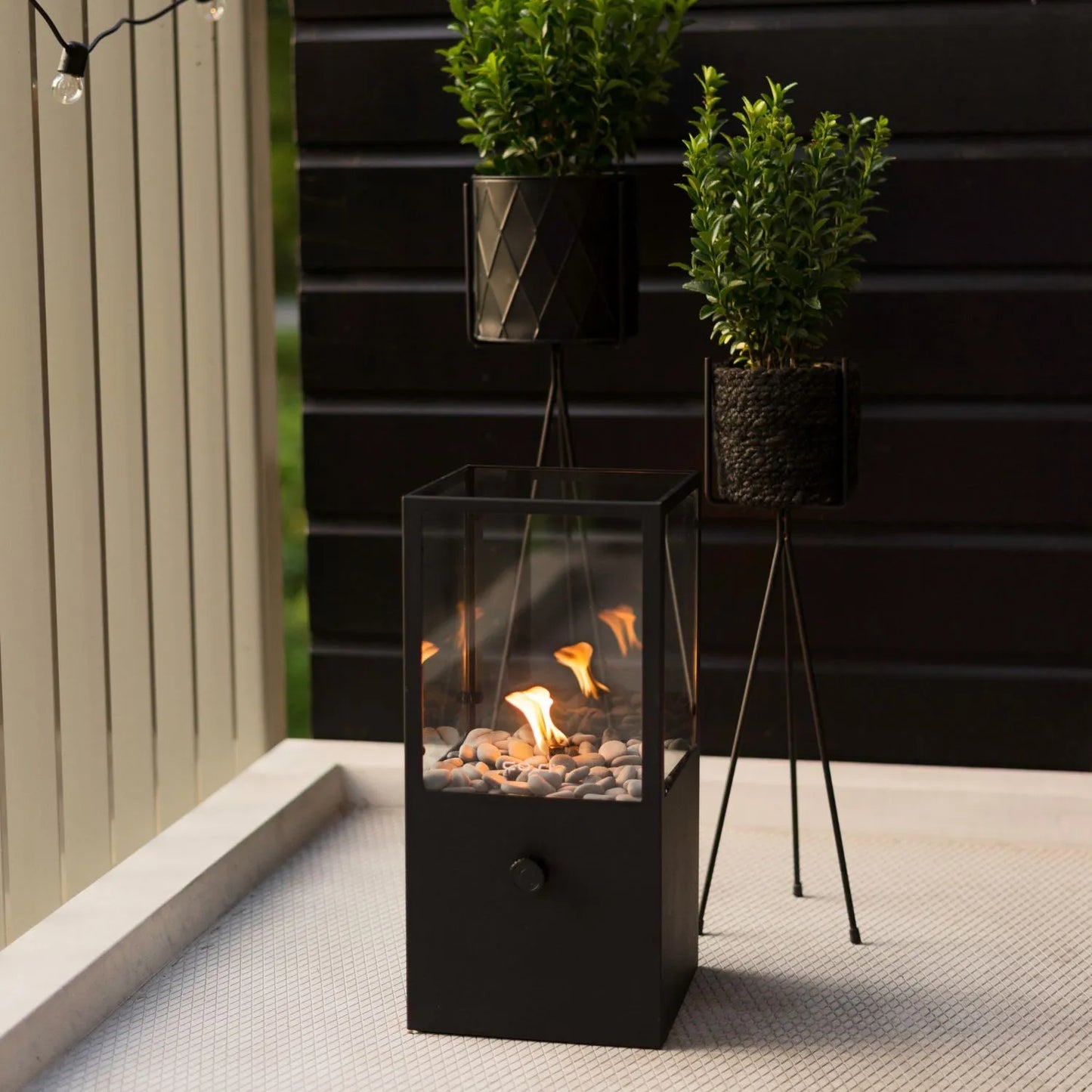 Cosidome Matt Black Metal & Glass Gas Fire Lantern with Rectangular Frame - Outdoor Tabletop Firepit 42x20x20cm - Click Style