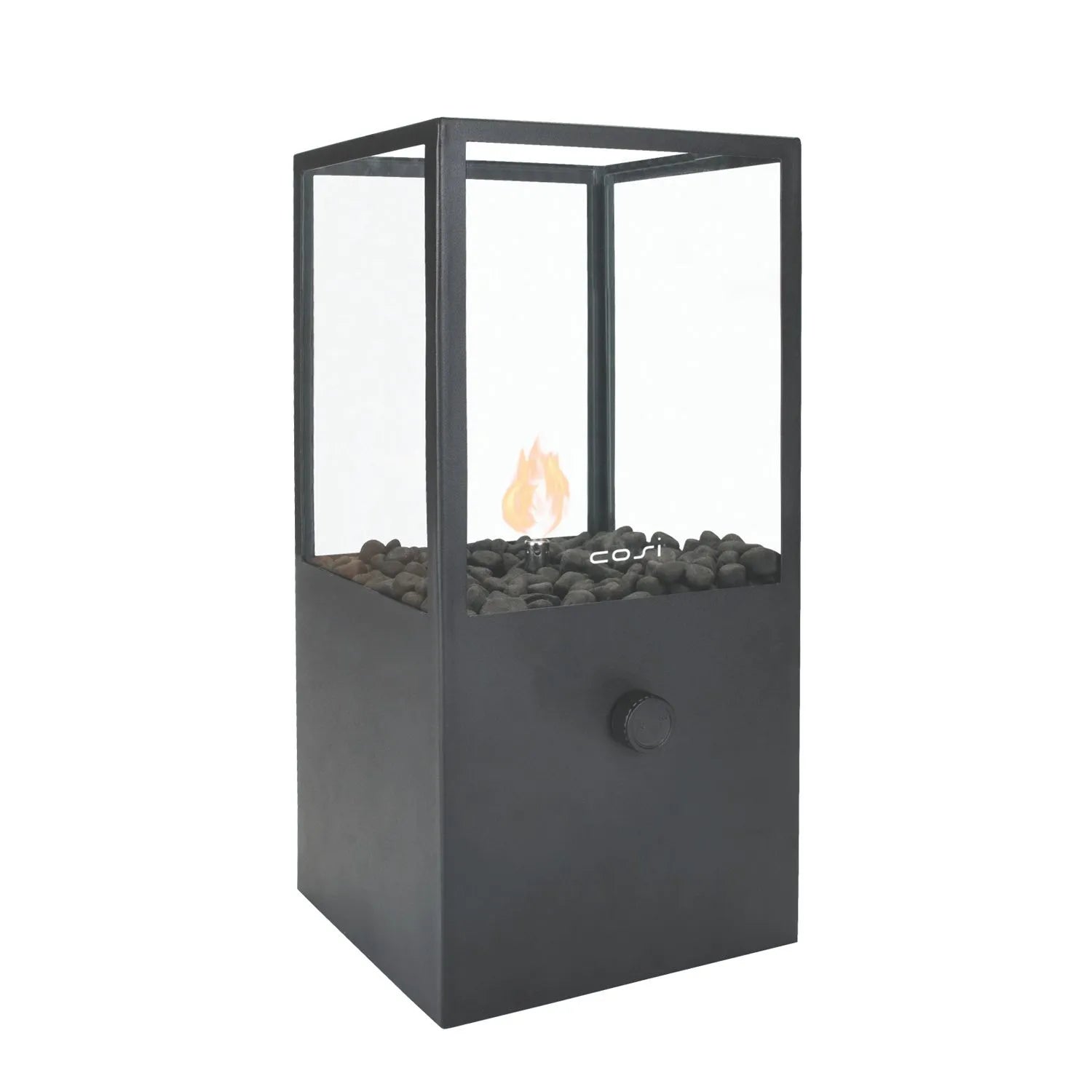 Cosidome Matt Black Metal & Glass Gas Fire Lantern with Rectangular Frame - Outdoor Tabletop Firepit 42x20x20cm - Click Style