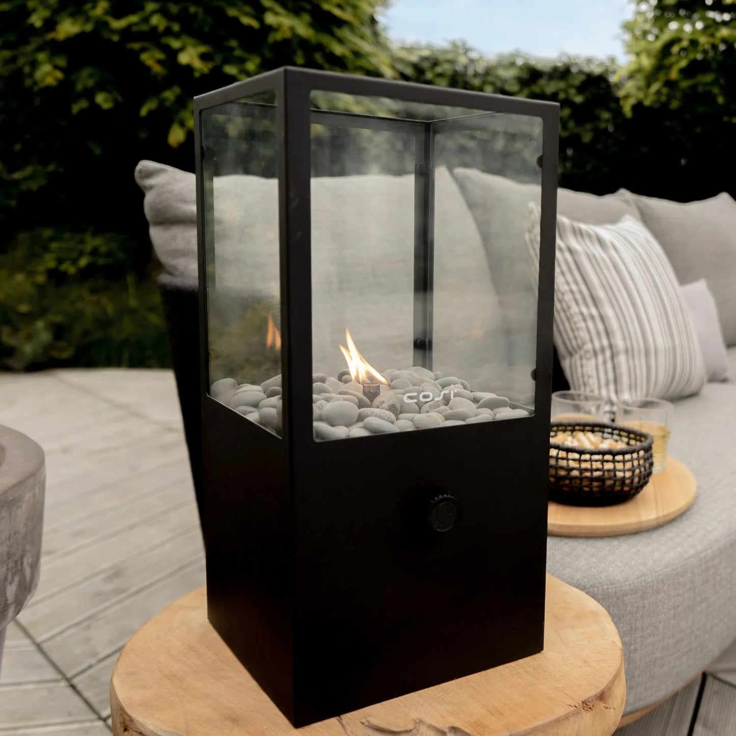 Cosidome Matt Black Metal & Glass Gas Fire Lantern with Rectangular Frame - Outdoor Tabletop Firepit 42x20x20cm - Click Style