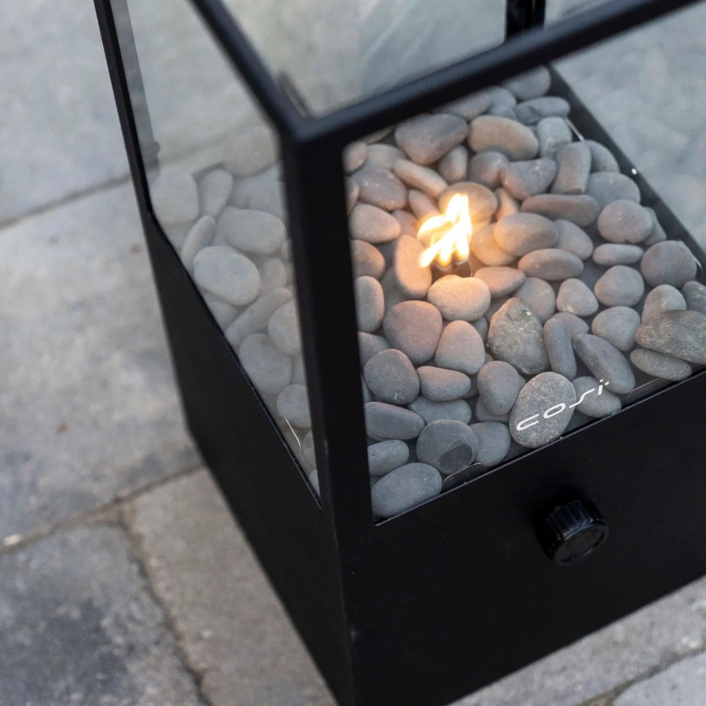 Cosidome Matt Black Metal & Glass Gas Fire Lantern with Rectangular Frame - Outdoor Tabletop Firepit 42x20x20cm - Click Style