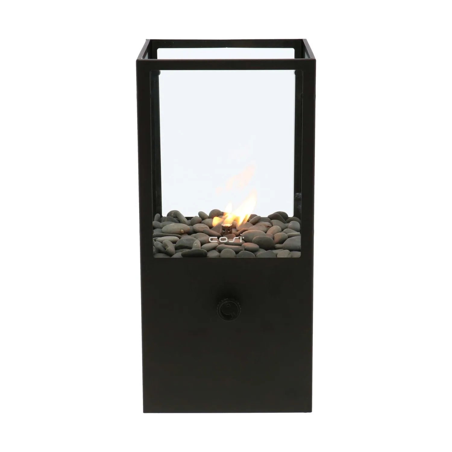 Cosidome Matt Black Metal & Glass Gas Fire Lantern with Rectangular Frame - Outdoor Tabletop Firepit 42x20x20cm - Click Style