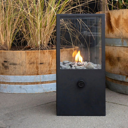 Cosidome Matt Black Metal & Glass Gas Fire Lantern with Rectangular Frame - Outdoor Tabletop Firepit 42x20x20cm - Click Style