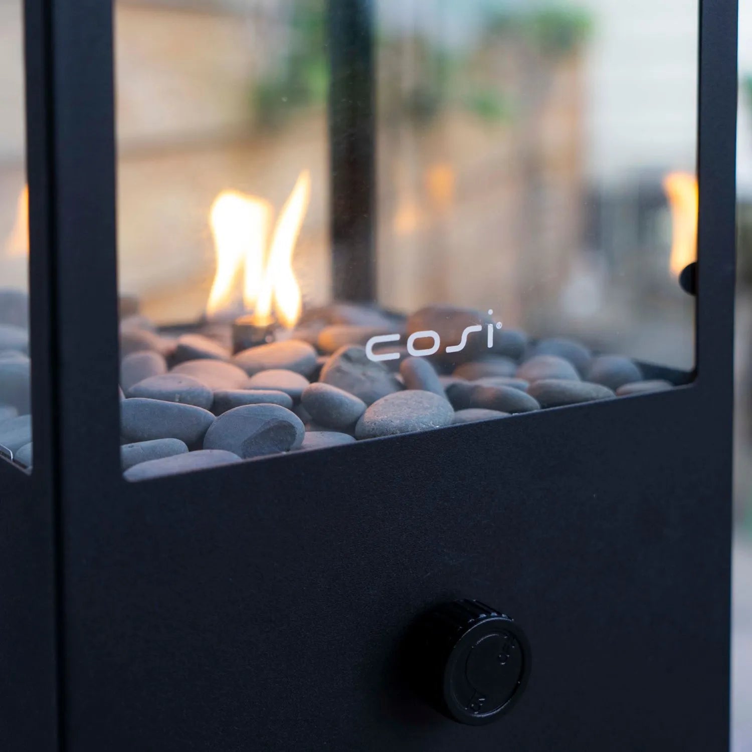 Cosidome Matt Black Metal & Glass Gas Fire Lantern with Rectangular Frame - Outdoor Tabletop Firepit 42x20x20cm - Click Style