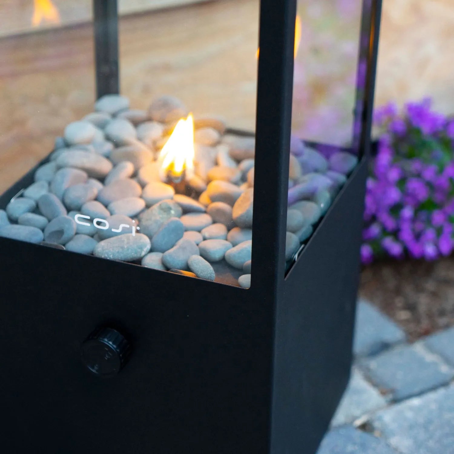 Cosidome Matt Black Metal & Glass Gas Fire Lantern with Rectangular Frame - Outdoor Tabletop Firepit 42x20x20cm - Click Style