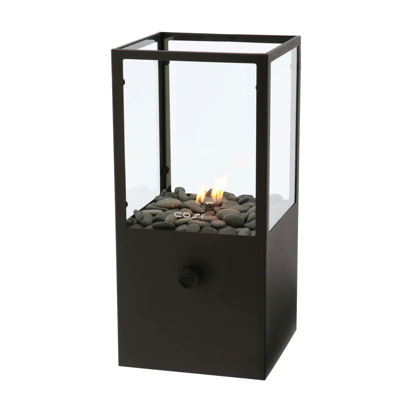 Cosidome Matt Black Metal & Glass Gas Fire Lantern with Rectangular Frame - Outdoor Tabletop Firepit 42x20x20cm - Click Style