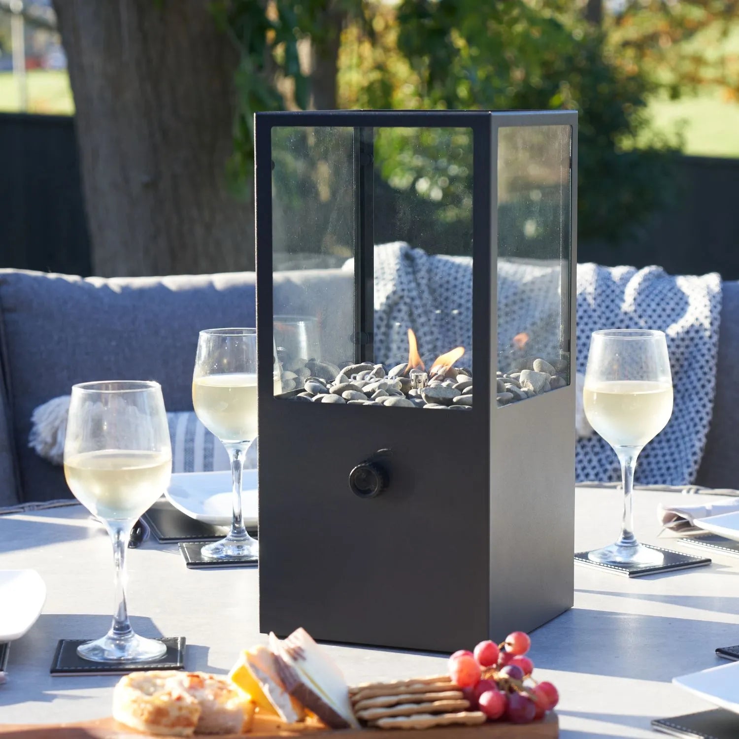 Cosidome Matt Black Metal & Glass Gas Fire Lantern with Rectangular Frame - Outdoor Tabletop Firepit 42x20x20cm - Click Style