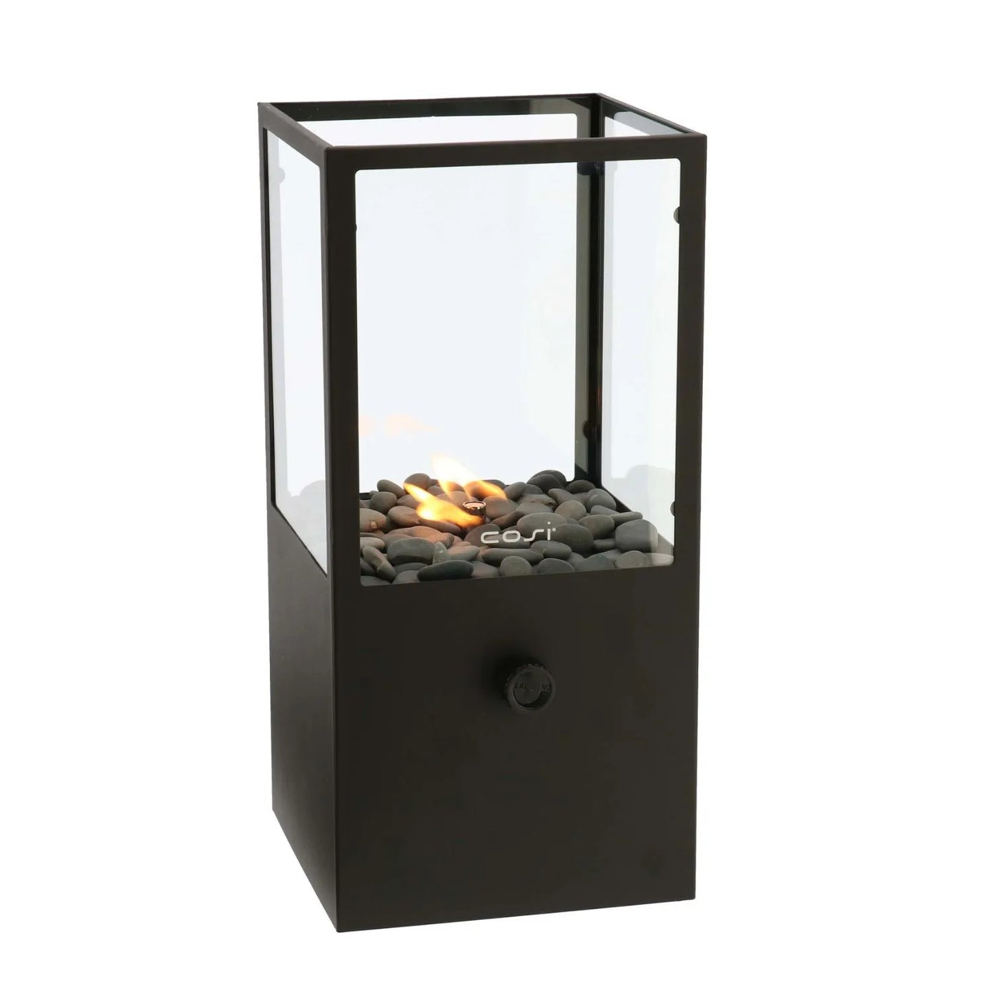 Cosidome Matt Black Metal & Glass Gas Fire Lantern with Rectangular Frame - Outdoor Tabletop Firepit 42x20x20cm - Click Style