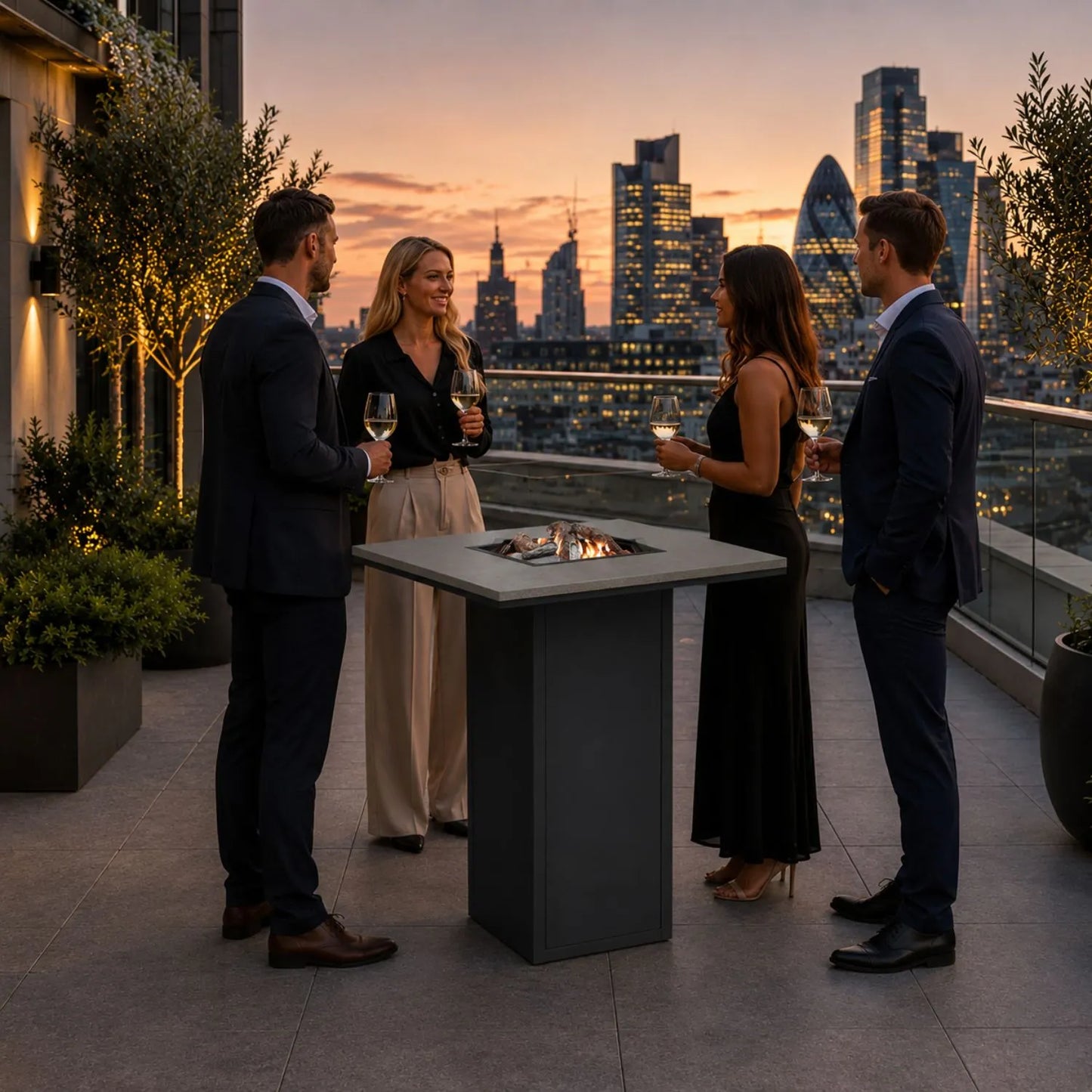 Cosiloft 100 High Outdoor Gas Fire Pit Bar Table with Black Aluminium Frame, Grey Aluminium Top, Integrated Gas Burner, Ceramic Logs, Lava Stones and Hidden 10kg Propane Gas Bottle Storage 105x100x100cm | Click Style