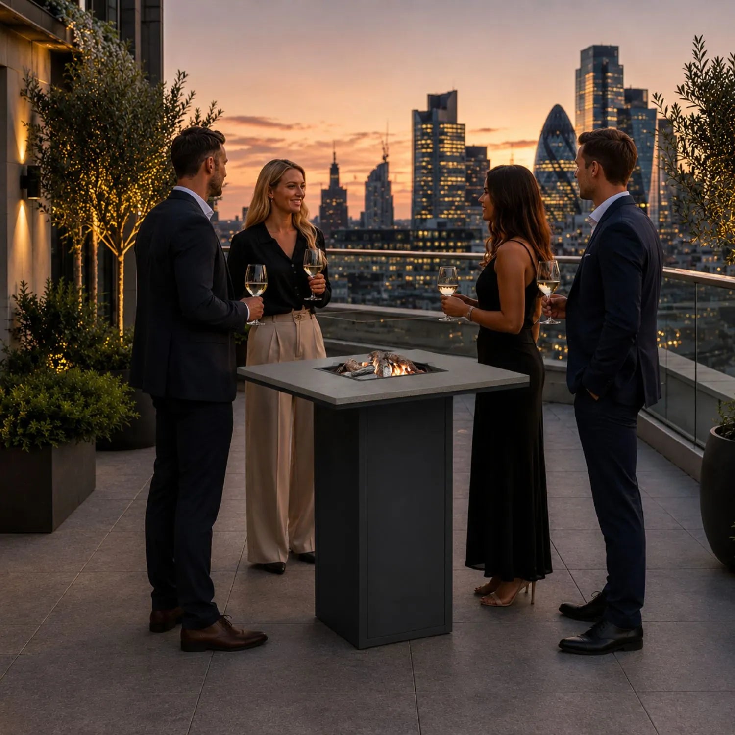 Cosiloft 100 High Outdoor Gas Fire Pit Bar Table with Black Aluminium Frame, Grey Aluminium Top, Integrated Gas Burner, Ceramic Logs, Lava Stones and Hidden 10kg Propane Gas Bottle Storage 105x100x100cm | Click Style