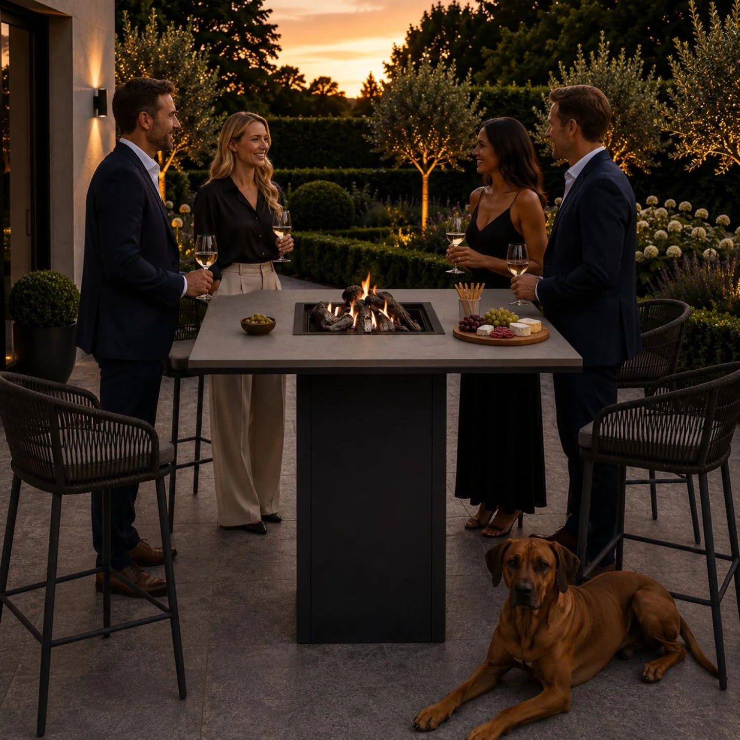 Cosiloft 100 High Outdoor Gas Fire Pit Bar Table with Black Aluminium Frame, Grey Aluminium Top, Integrated Gas Burner, Ceramic Logs, Lava Stones and Hidden 10kg Propane Gas Bottle Storage 105x100x100cm | Click Style