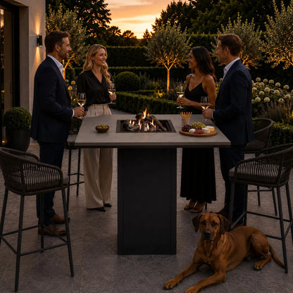 Cosiloft 100 High Outdoor Gas Fire Pit Bar Table with Black Aluminium Frame, Grey Aluminium Top, Integrated Gas Burner, Ceramic Logs, Lava Stones and Hidden 10kg Propane Gas Bottle Storage 105x100x100cm | Click Style