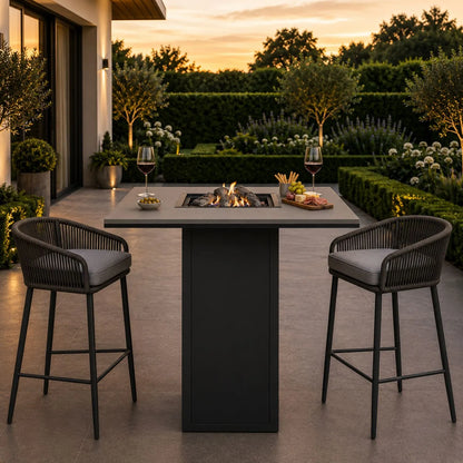 Cosiloft 100 High Outdoor Gas Fire Pit Bar Table with Black Aluminium Frame, Grey Aluminium Top, Integrated Gas Burner, Ceramic Logs, Lava Stones and Hidden 10kg Propane Gas Bottle Storage 105x100x100cm | Click Style