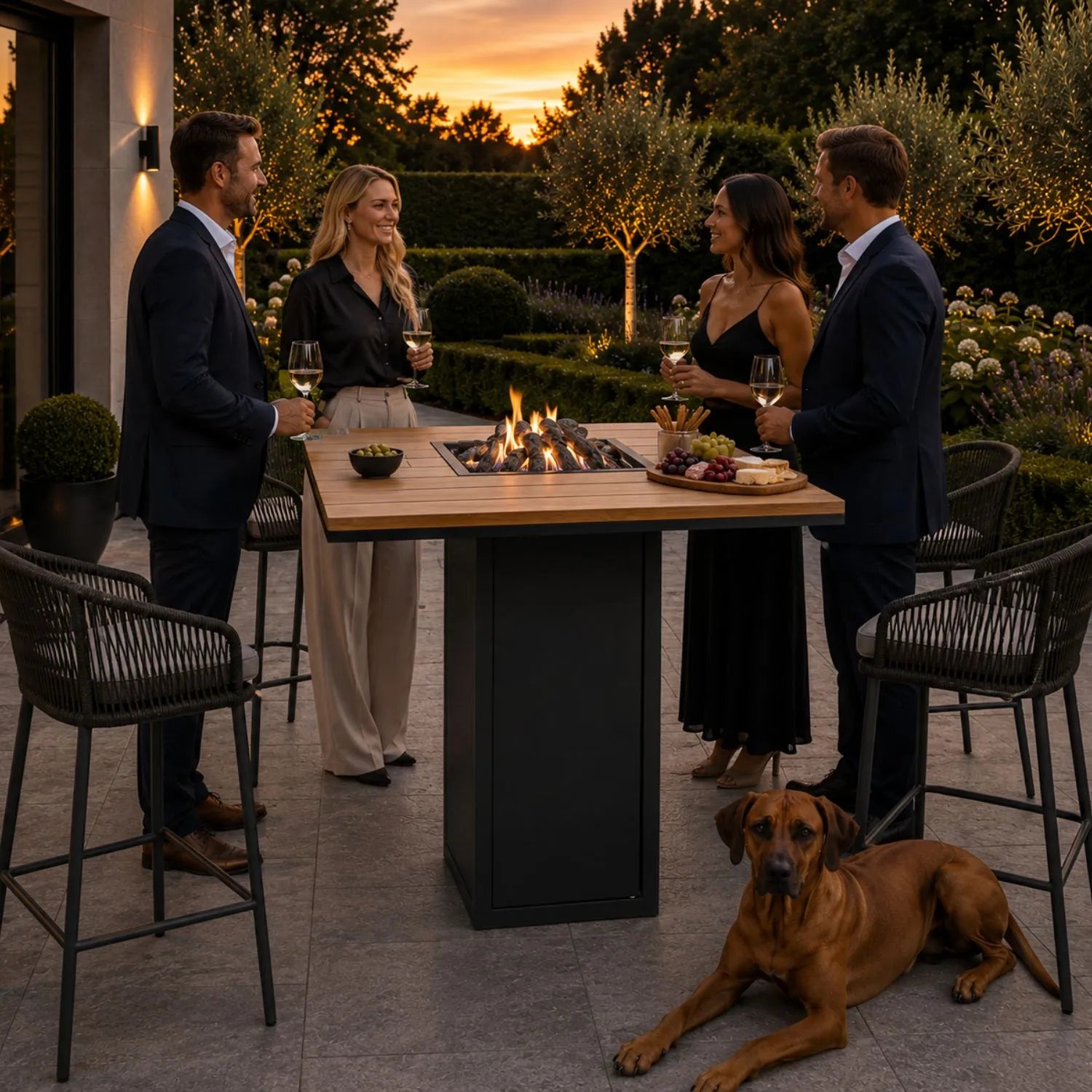 Cosiloft 100 High Outdoor Gas Fire Pit Bar Table with Black Aluminium Frame, Teak Top, Concealed 10kg Gas Bottle Storage and Realistic Flame Effect 105x100x100cm | Click Style